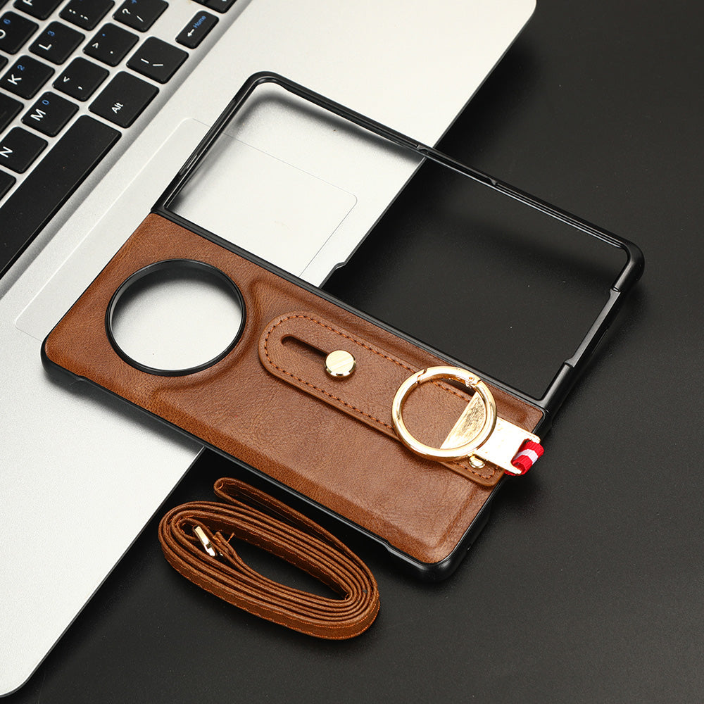 For Tecno Phantom V Fold Phone Shell Leather Coating PC+TPU Wristband Kickstand Cover with Neck Strap