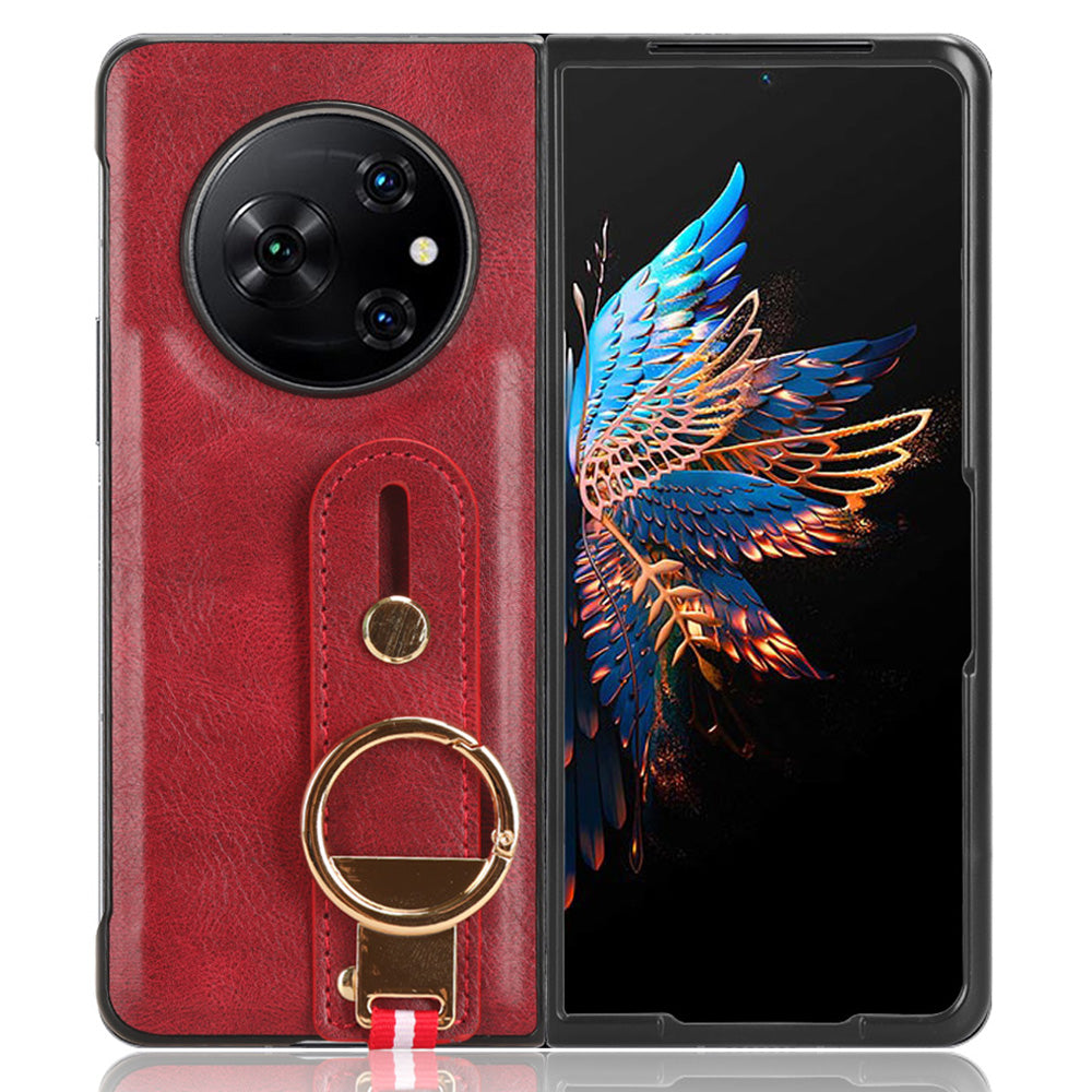 For Tecno Phantom V Fold Phone Shell Leather Coating PC+TPU Wristband Kickstand Cover with Neck Strap