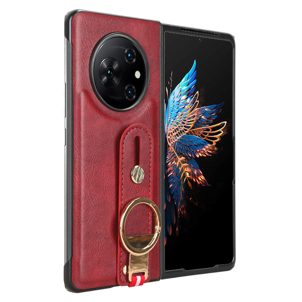 For Tecno Phantom V Fold Phone Shell Leather Coating PC+TPU Wristband Kickstand Cover with Neck Strap