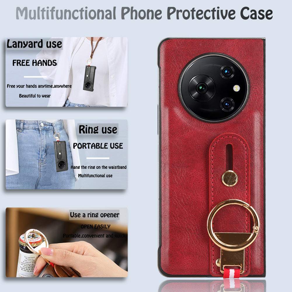 For Tecno Phantom V Fold Phone Shell Leather Coating PC+TPU Wristband Kickstand Cover with Neck Strap