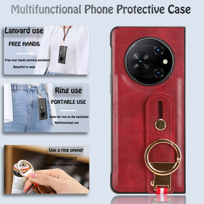 For Tecno Phantom V Fold Phone Shell Leather Coating PC+TPU Wristband Kickstand Cover with Neck Strap