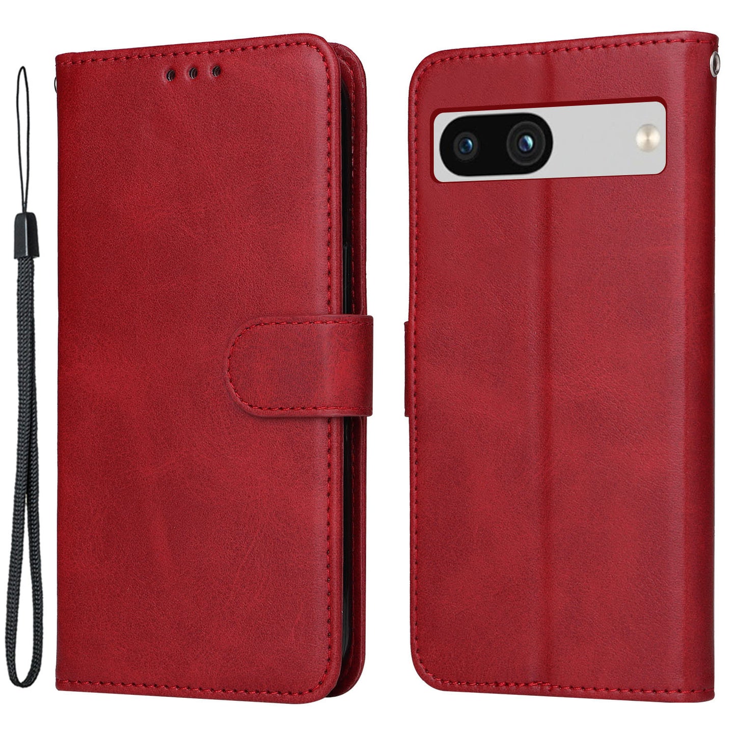 For Google Pixel 7a Cell Phone Cover Calf Texture PU Leather Wallet Stand Case with Strap