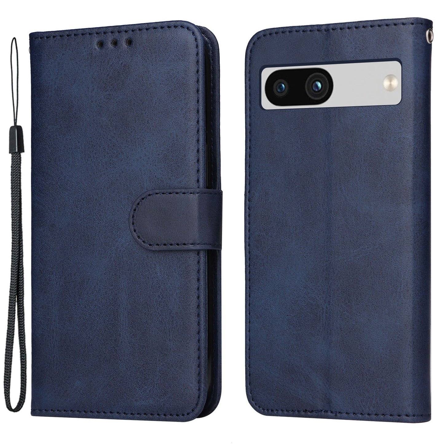 For Google Pixel 7a Cell Phone Cover Calf Texture PU Leather Wallet Stand Case with Strap