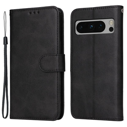For Google Pixel 8 Pro Calf Texture Wallet Stand Flip Cover PU Leather Phone Case with Strap