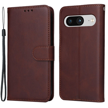 For Google Pixel 8 Cell Phone Cover Wallet Stand Calf Texture PU Leather Phone Case with Strap