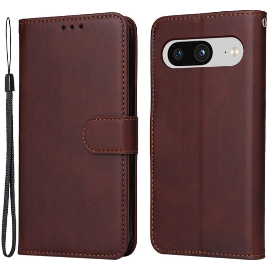 For Google Pixel 8 Cell Phone Cover Wallet Stand Calf Texture PU Leather Phone Case with Strap