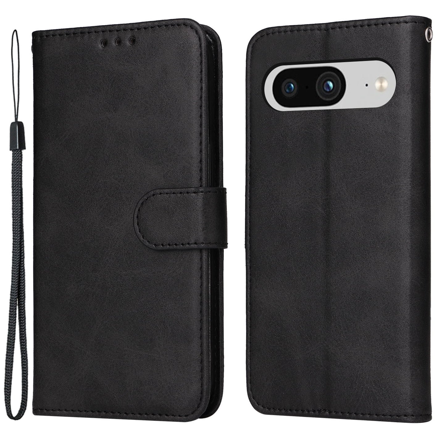 For Google Pixel 8 Cell Phone Cover Wallet Stand Calf Texture PU Leather Phone Case with Strap
