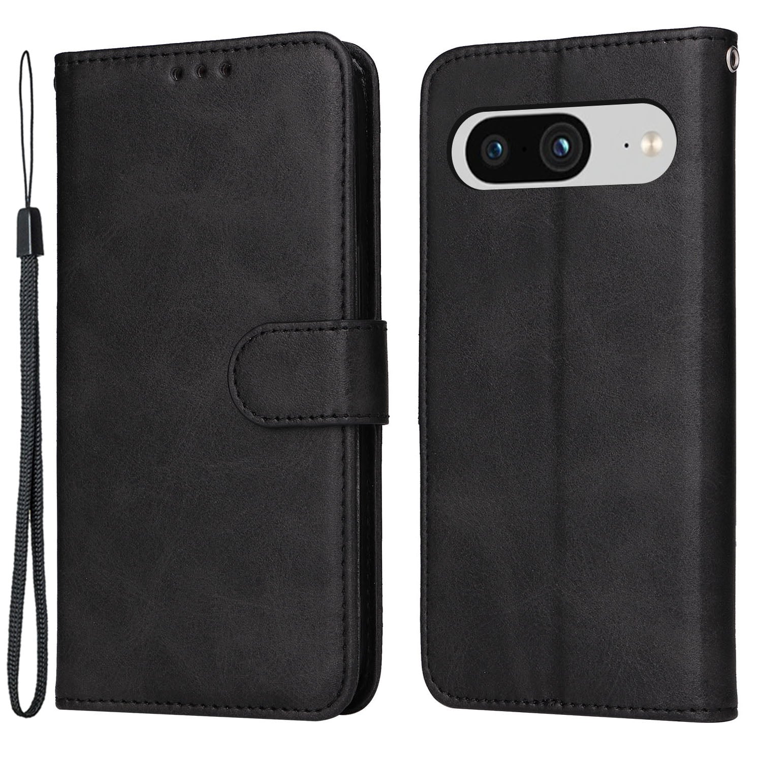 For Google Pixel 8 Cell Phone Cover Wallet Stand Calf Texture PU Leather Phone Case with Strap