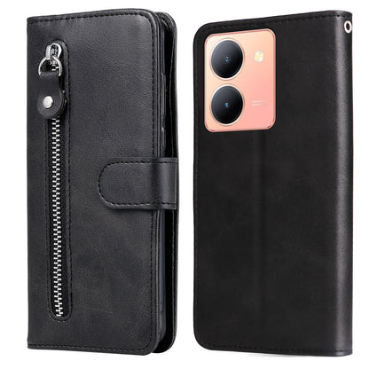 For vivo Y78 5G / Y78+ 5G Calf Texture Leather Anti-drop Stand Cover Zipper Pocket Wallet Phone Case