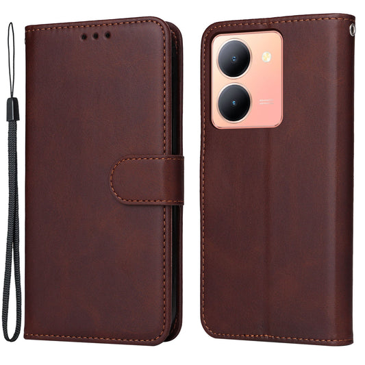 For vivo Y78+ 5G / Y78 5G Calf Texture Phone Cover Wallet Stand Cell Phone Case with Strap