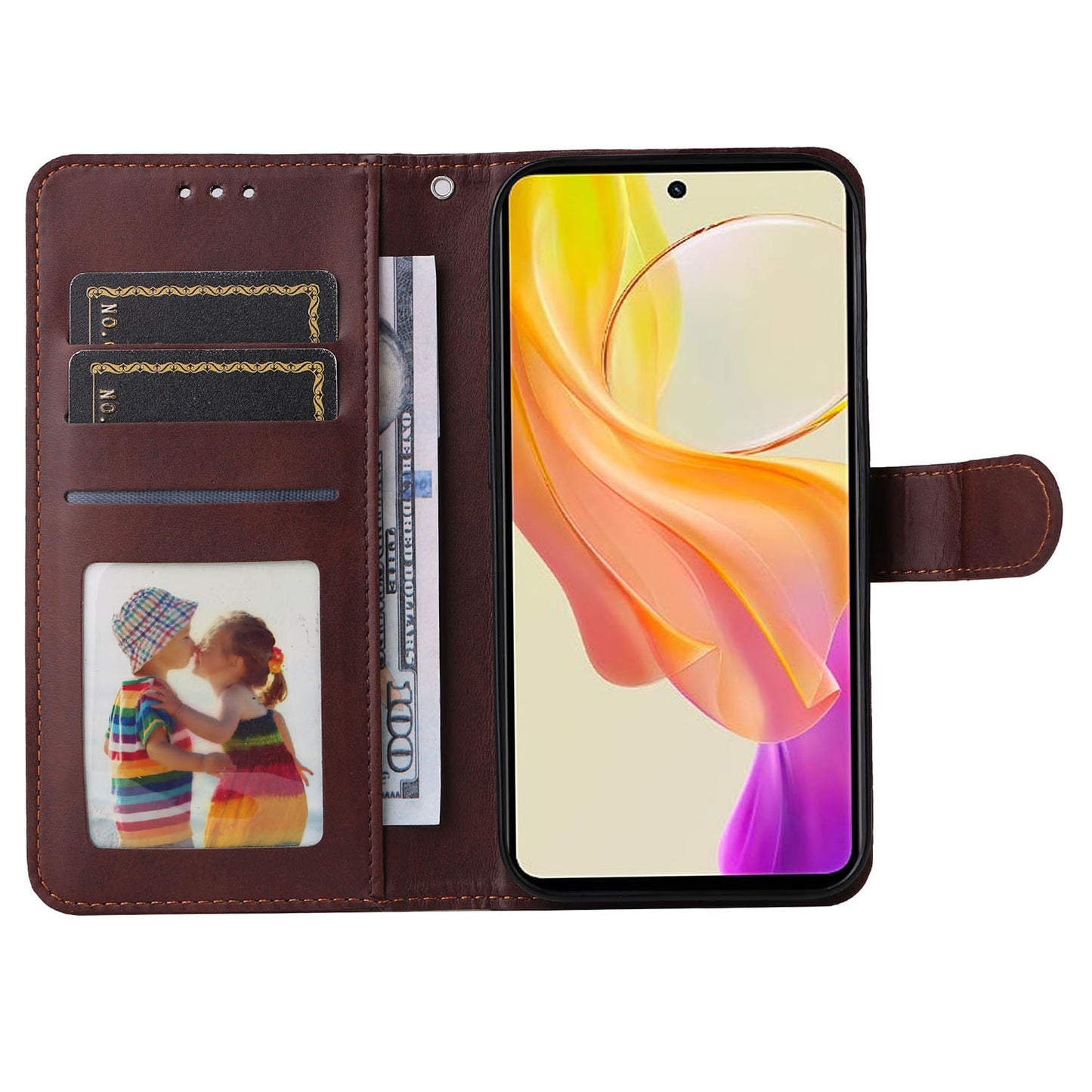 For vivo Y78+ 5G / Y78 5G Calf Texture Phone Cover Wallet Stand Cell Phone Case with Strap