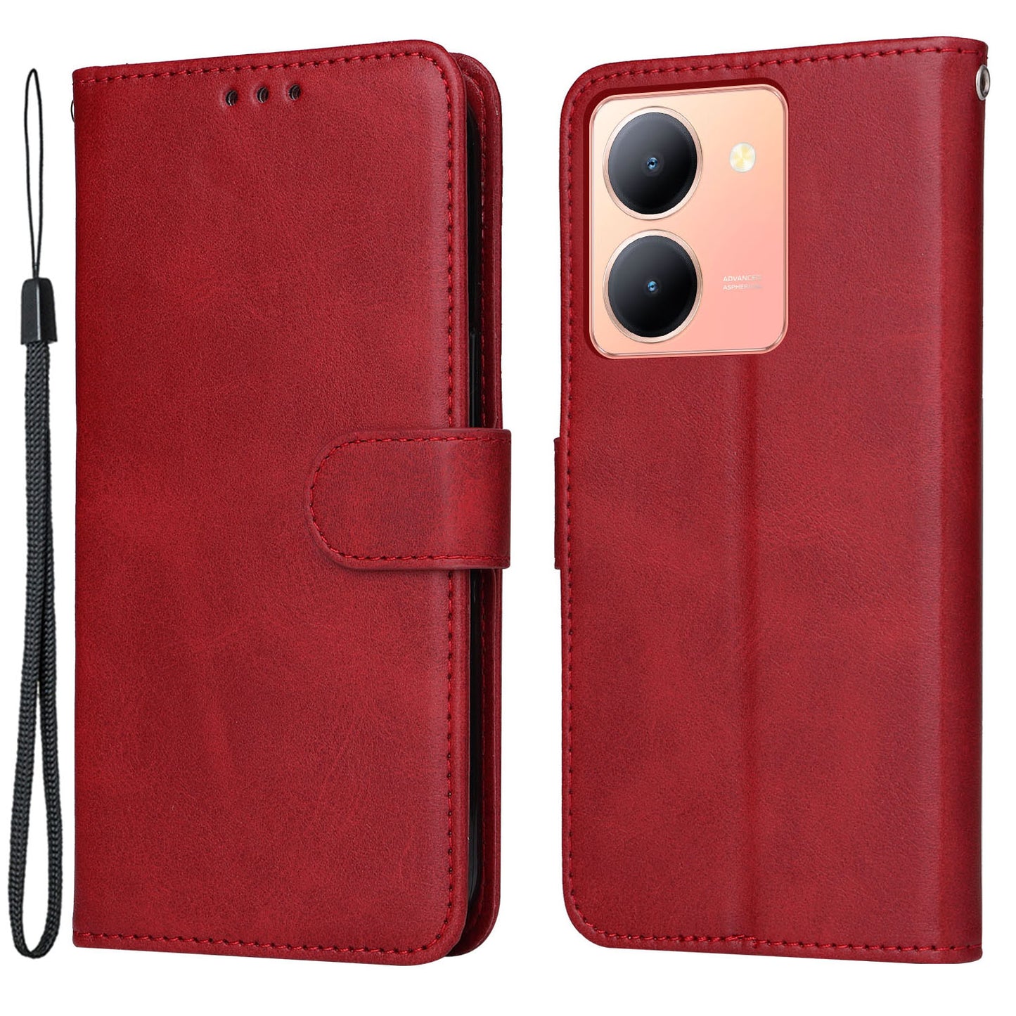 For vivo Y78+ 5G / Y78 5G Calf Texture Phone Cover Wallet Stand Cell Phone Case with Strap