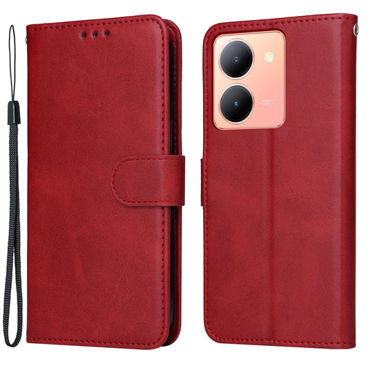 For vivo Y78+ 5G / Y78 5G Calf Texture Phone Cover Wallet Stand Cell Phone Case with Strap