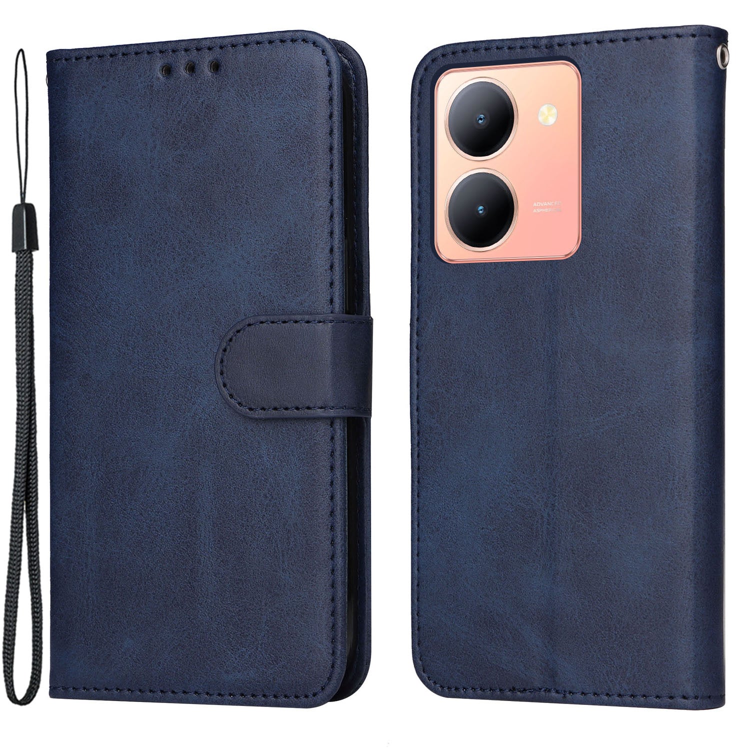 For vivo Y78+ 5G / Y78 5G Calf Texture Phone Cover Wallet Stand Cell Phone Case with Strap