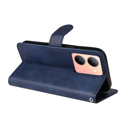 For vivo Y78+ 5G / Y78 5G Calf Texture Phone Cover Wallet Stand Cell Phone Case with Strap