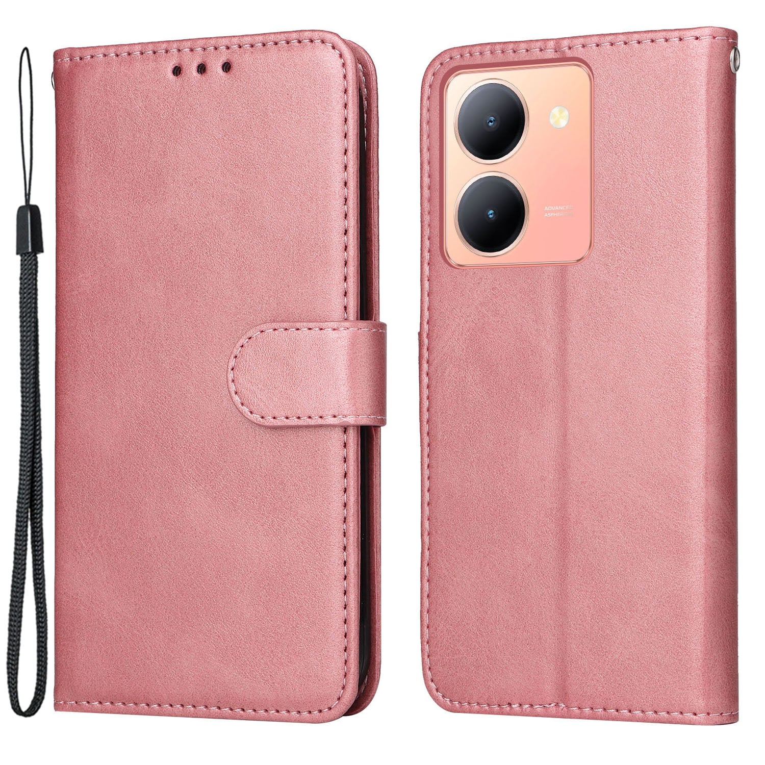 For vivo Y78+ 5G / Y78 5G Calf Texture Phone Cover Wallet Stand Cell Phone Case with Strap