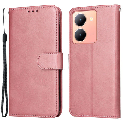 For vivo Y78+ 5G / Y78 5G Calf Texture Phone Cover Wallet Stand Cell Phone Case with Strap