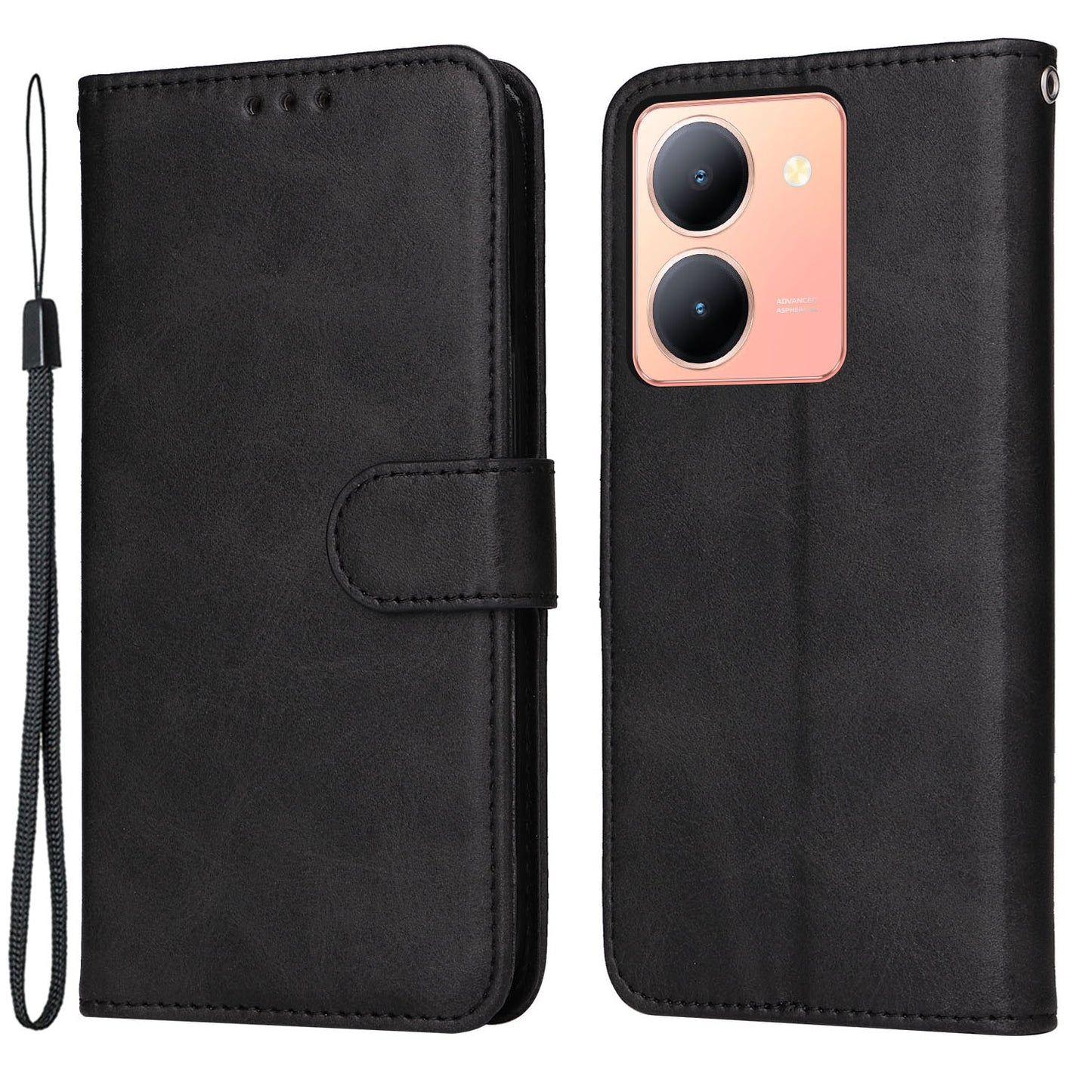 For vivo Y78+ 5G / Y78 5G Calf Texture Phone Cover Wallet Stand Cell Phone Case with Strap