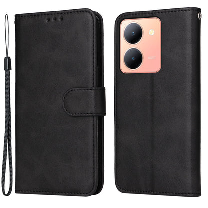 For vivo Y78+ 5G / Y78 5G Calf Texture Phone Cover Wallet Stand Cell Phone Case with Strap