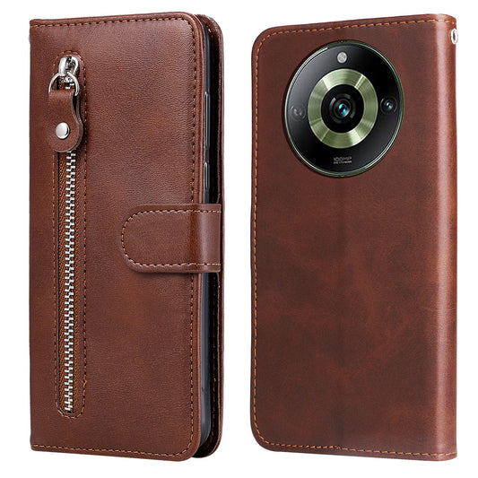For Realme 11 Pro+ / 11 Pro 5G Leather Wallet Stand Cover Calf Texture Phone Case with Zipper Pocket