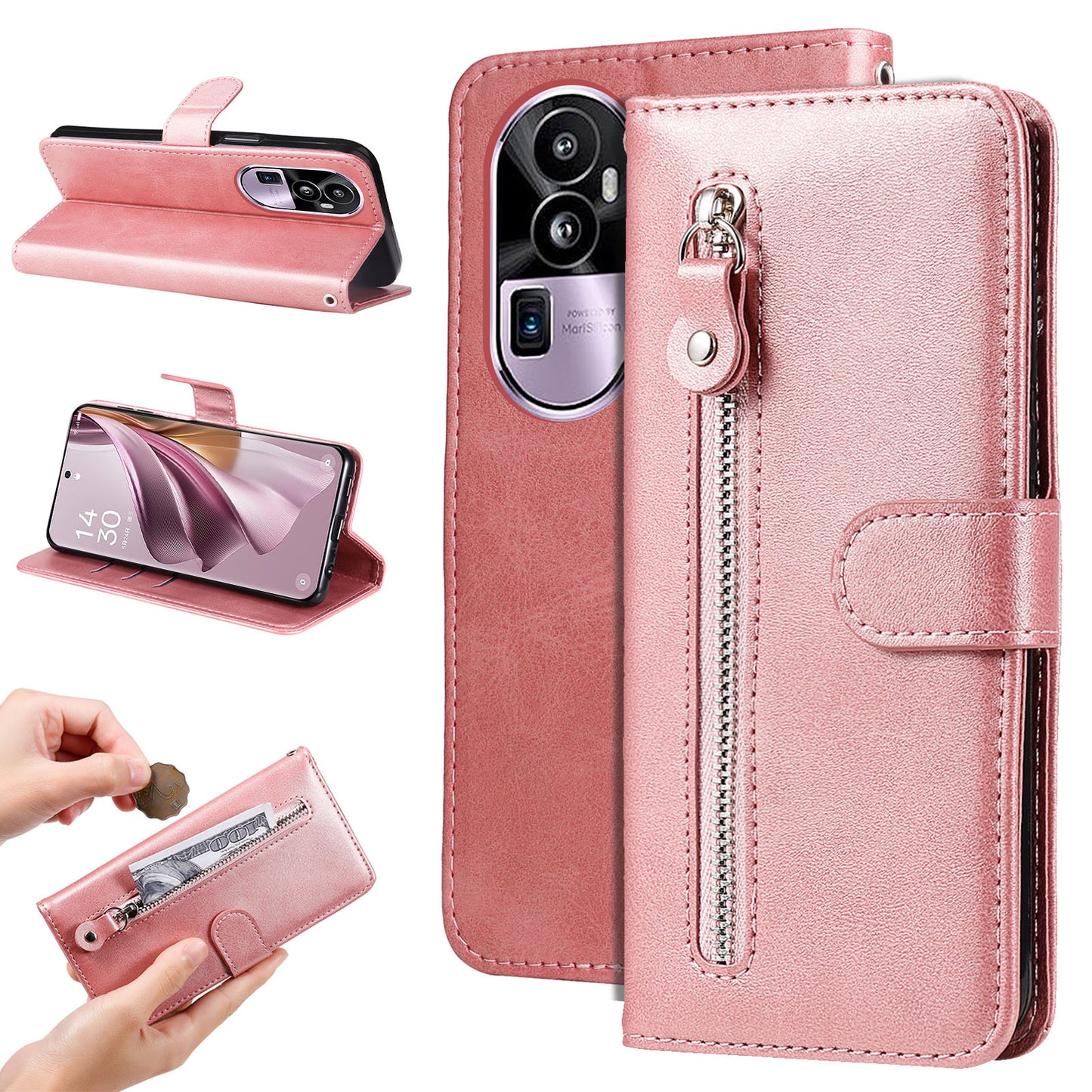 For Oppo Reno10 Pro+ 5G Calf Texture Phone Case Zipper Pocket Wallet Foldable Stand Cover
