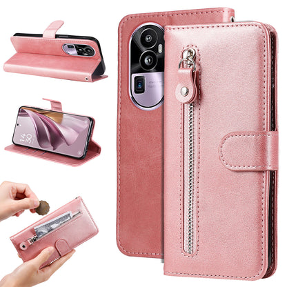 For Oppo Reno10 Pro+ 5G Calf Texture Phone Case Zipper Pocket Wallet Foldable Stand Cover