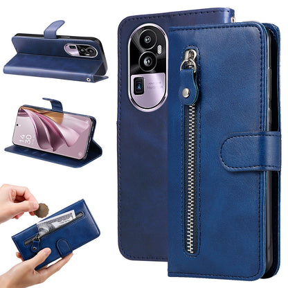 For Oppo Reno10 Pro+ 5G Calf Texture Phone Case Zipper Pocket Wallet Foldable Stand Cover