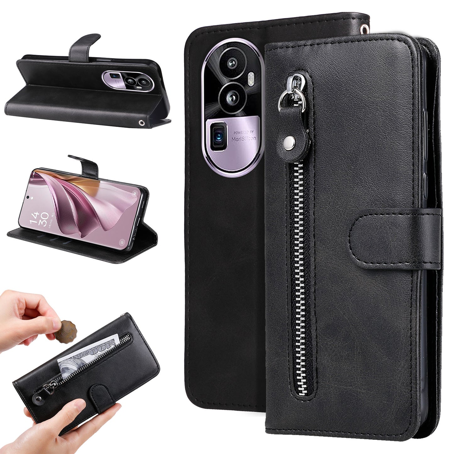 For Oppo Reno10 Pro+ 5G Calf Texture Phone Case Zipper Pocket Wallet Foldable Stand Cover