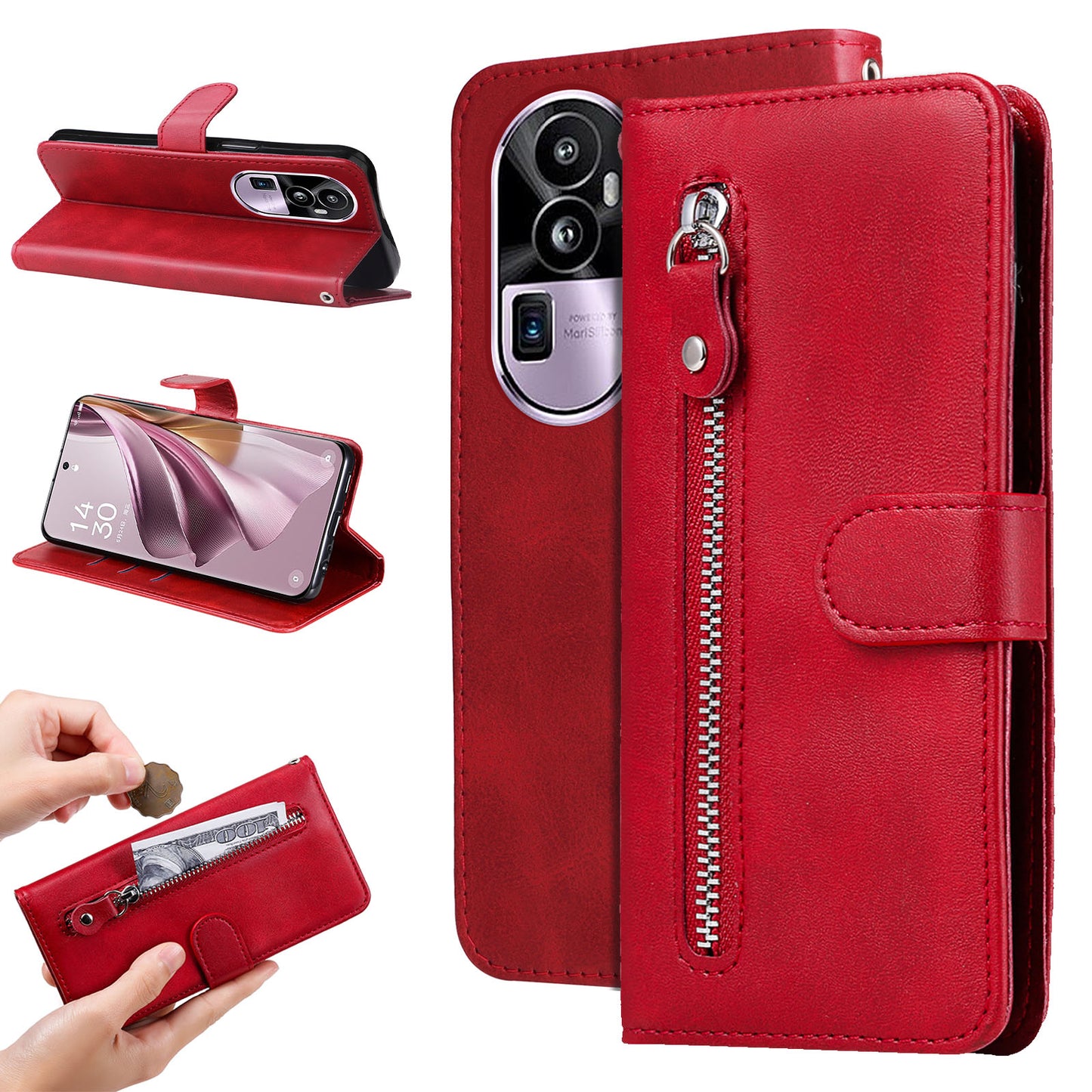 For Oppo Reno10 Pro+ 5G Calf Texture Phone Case Zipper Pocket Wallet Foldable Stand Cover