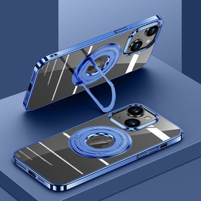 For iPhone 13 6.1 inch Electroplated Magnetic Case Ring Kickstand PC Phone Cover Compatible with MagSafe