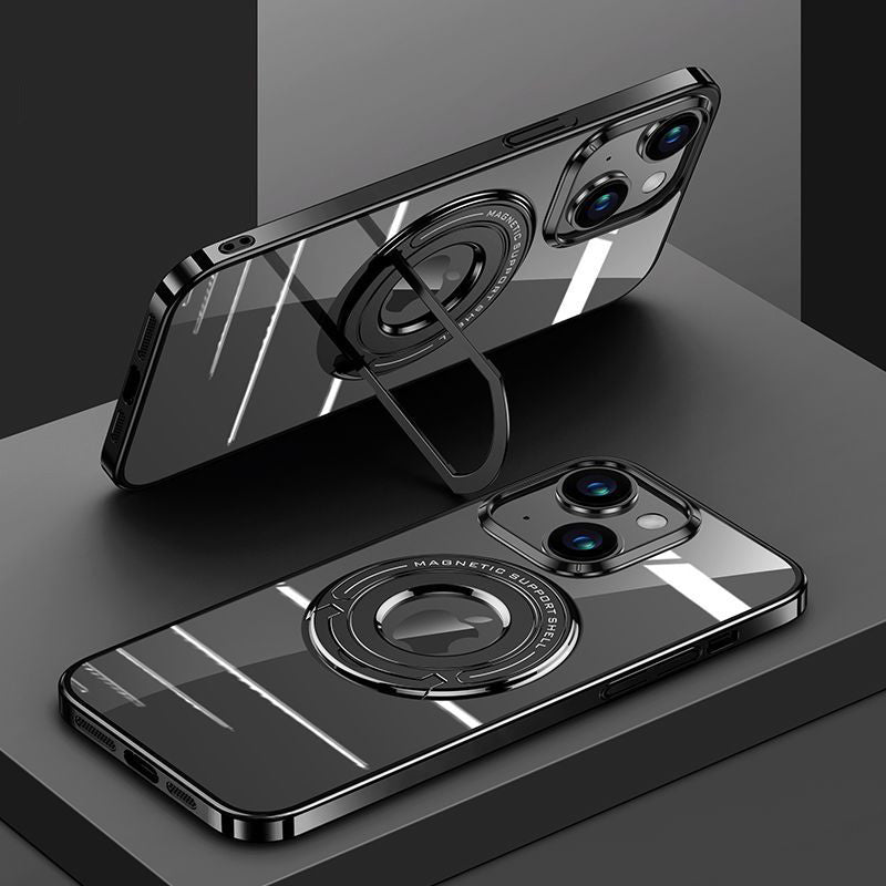 For iPhone 14 Plus Pull-out Kickstand Cover Electroplating Magnetic PC Phone Case Compatible with MagSafe