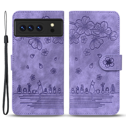 For Google Pixel 8 Pro PU Leather Wallet Stand Case Imprinted Flower Cat Phone Cover with Strap