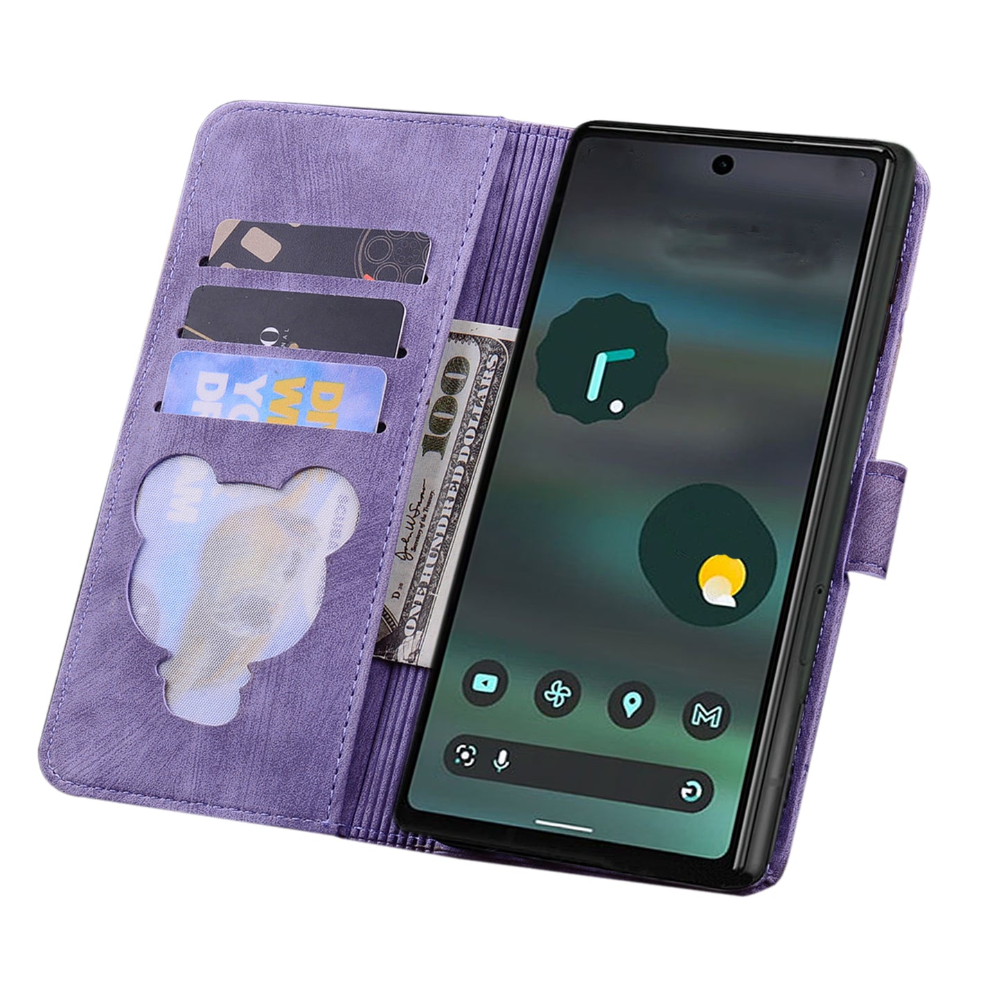 For Google Pixel 8 Pro PU Leather Wallet Stand Case Imprinted Flower Cat Phone Cover with Strap