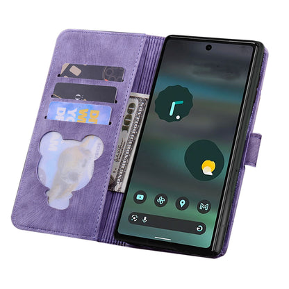 For Google Pixel 8 Pro PU Leather Wallet Stand Case Imprinted Flower Cat Phone Cover with Strap