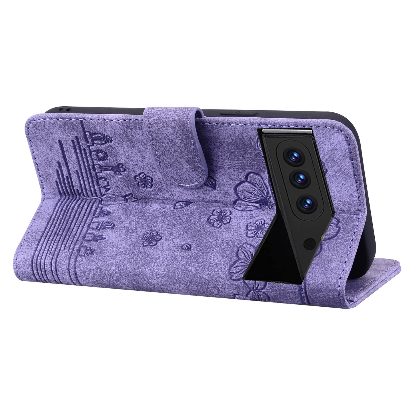 For Google Pixel 8 Pro PU Leather Wallet Stand Case Imprinted Flower Cat Phone Cover with Strap