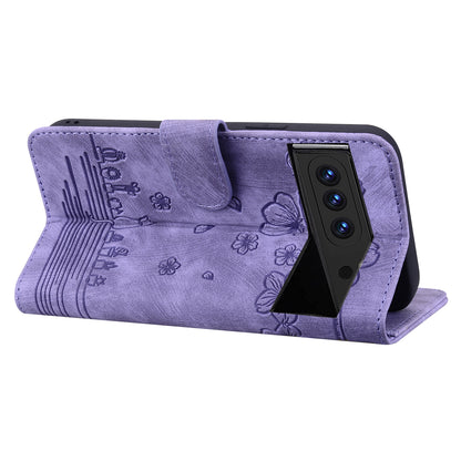 For Google Pixel 8 Pro PU Leather Wallet Stand Case Imprinted Flower Cat Phone Cover with Strap