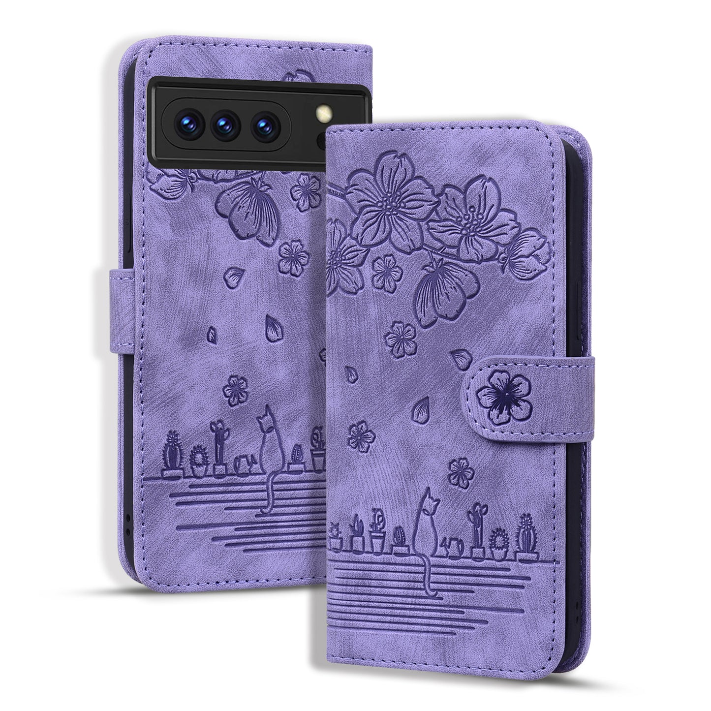 For Google Pixel 8 Pro PU Leather Wallet Stand Case Imprinted Flower Cat Phone Cover with Strap