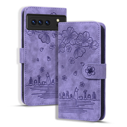 For Google Pixel 8 Pro PU Leather Wallet Stand Case Imprinted Flower Cat Phone Cover with Strap