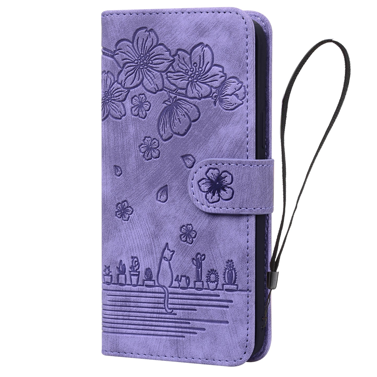 For Google Pixel 8 Pro PU Leather Wallet Stand Case Imprinted Flower Cat Phone Cover with Strap