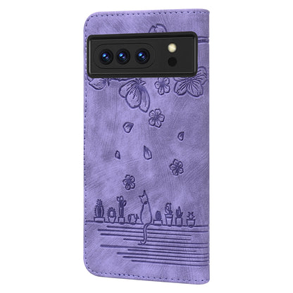 For Google Pixel 8 Pro PU Leather Wallet Stand Case Imprinted Flower Cat Phone Cover with Strap