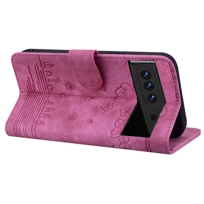 For Google Pixel 8 Pro PU Leather Wallet Stand Case Imprinted Flower Cat Phone Cover with Strap