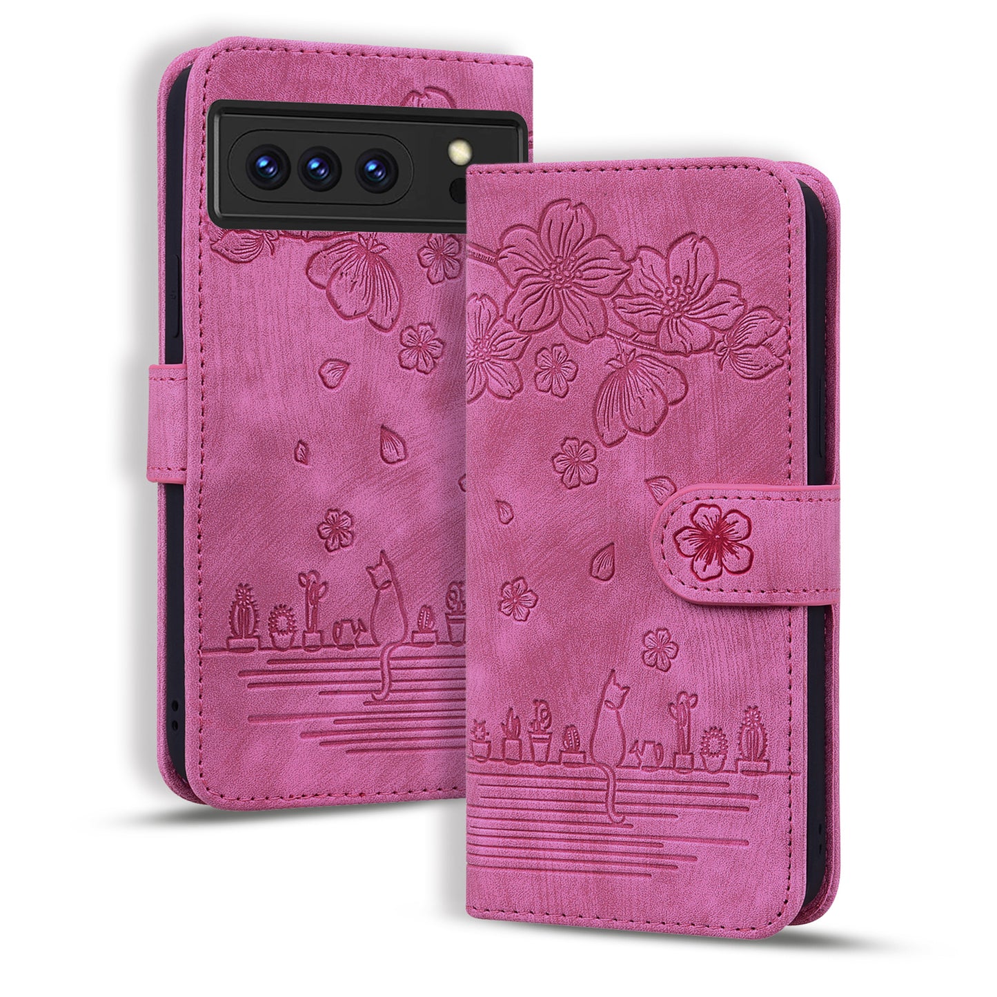 For Google Pixel 8 Pro PU Leather Wallet Stand Case Imprinted Flower Cat Phone Cover with Strap