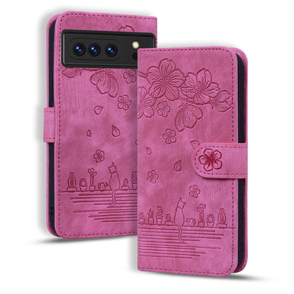 For Google Pixel 8 Pro PU Leather Wallet Stand Case Imprinted Flower Cat Phone Cover with Strap