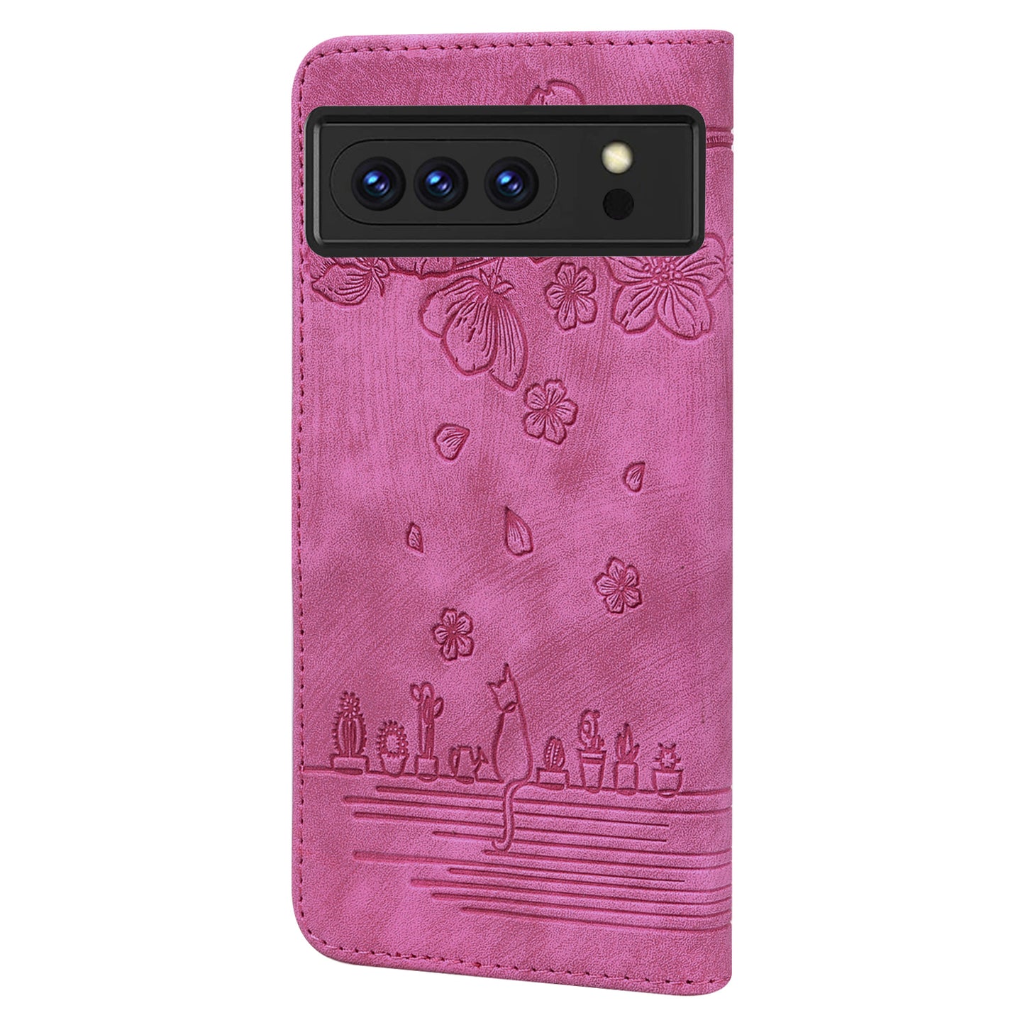 For Google Pixel 8 Pro PU Leather Wallet Stand Case Imprinted Flower Cat Phone Cover with Strap