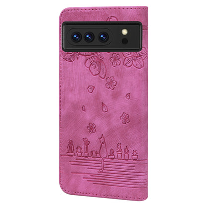 For Google Pixel 8 Pro PU Leather Wallet Stand Case Imprinted Flower Cat Phone Cover with Strap