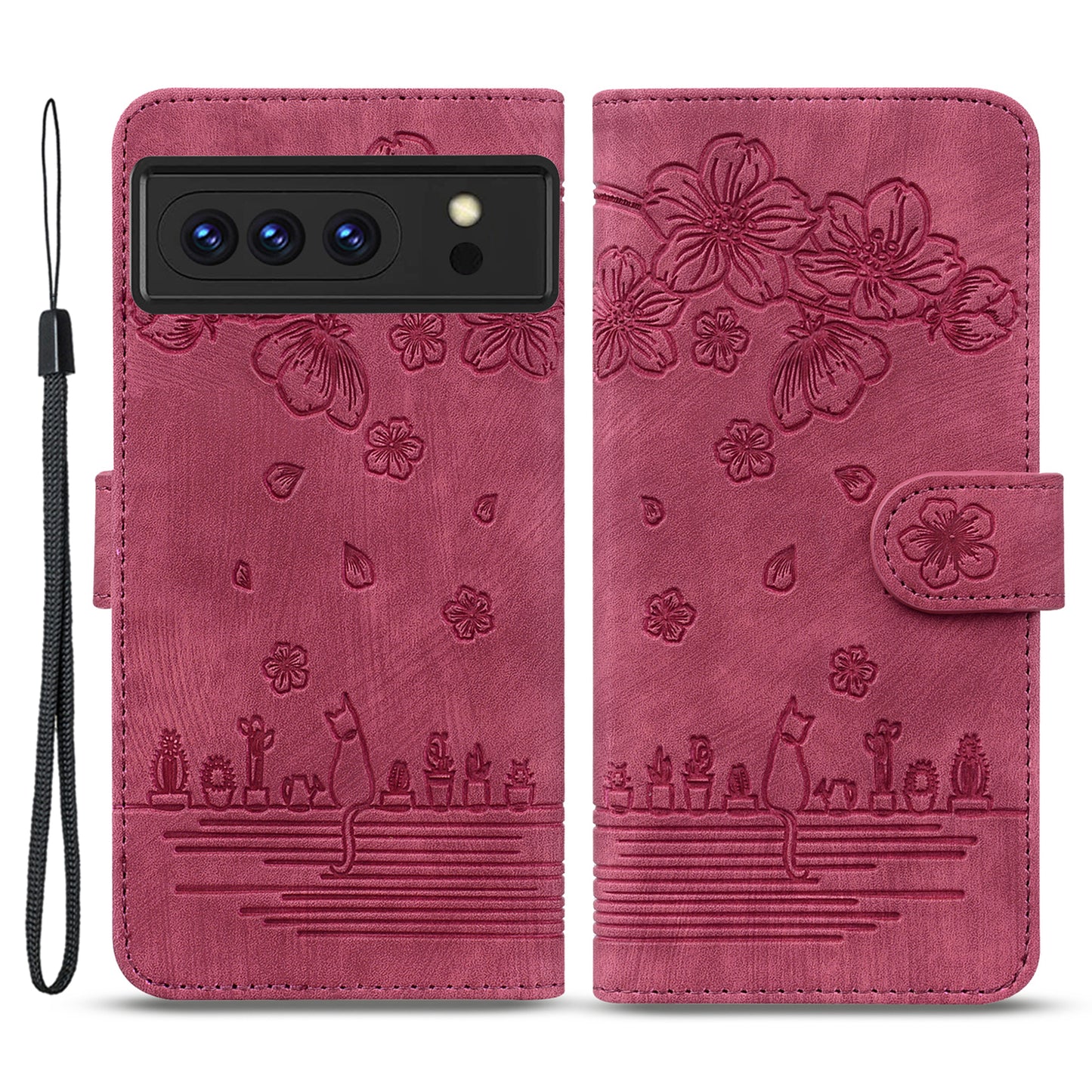 For Google Pixel 8 Pro PU Leather Wallet Stand Case Imprinted Flower Cat Phone Cover with Strap