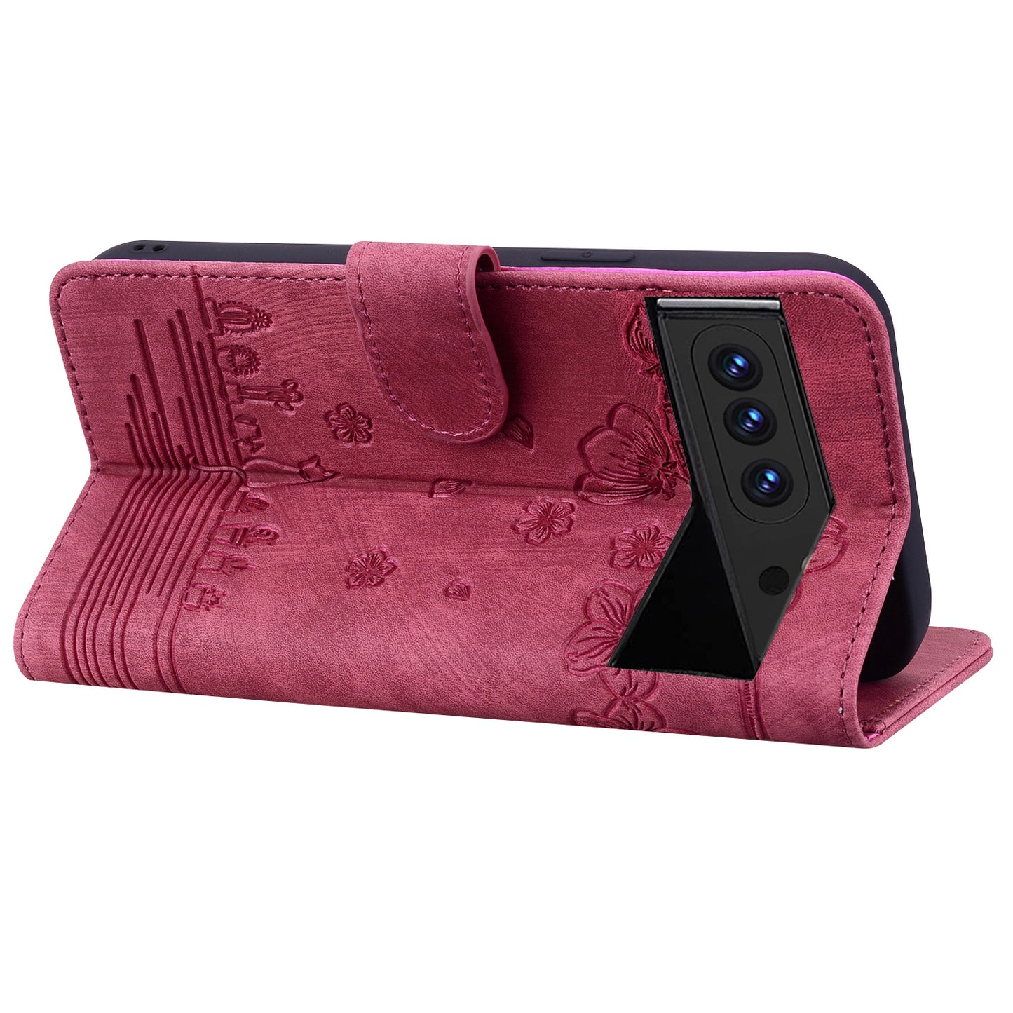 For Google Pixel 8 Pro PU Leather Wallet Stand Case Imprinted Flower Cat Phone Cover with Strap