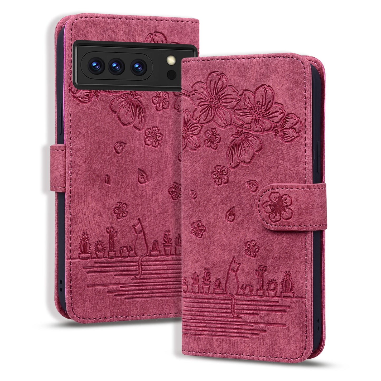 For Google Pixel 8 Pro PU Leather Wallet Stand Case Imprinted Flower Cat Phone Cover with Strap