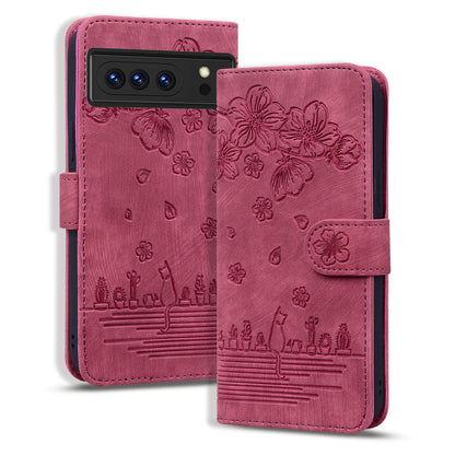 For Google Pixel 8 Pro PU Leather Wallet Stand Case Imprinted Flower Cat Phone Cover with Strap
