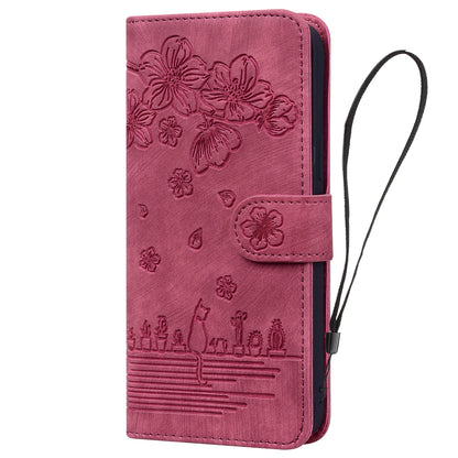 For Google Pixel 8 Pro PU Leather Wallet Stand Case Imprinted Flower Cat Phone Cover with Strap